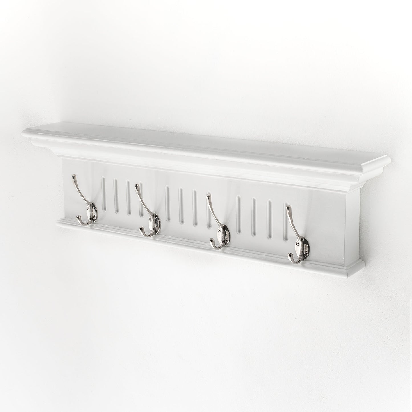 28" White Solid Wood Four Hook Wall Mount Coat Rack