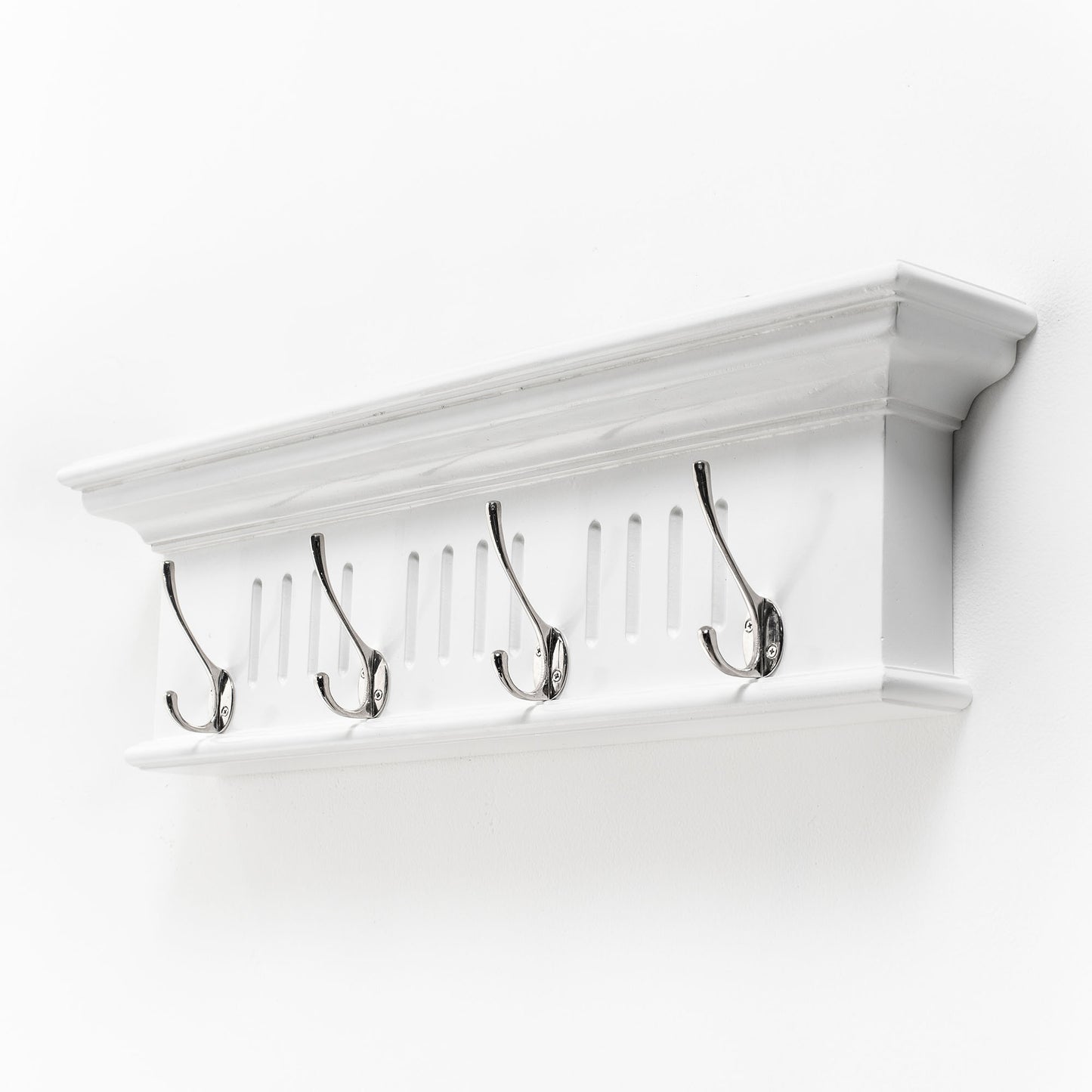 28" White Solid Wood Four Hook Wall Mount Coat Rack