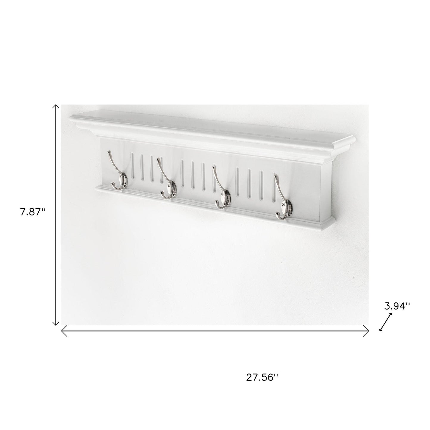 28" White Solid Wood Four Hook Wall Mount Coat Rack